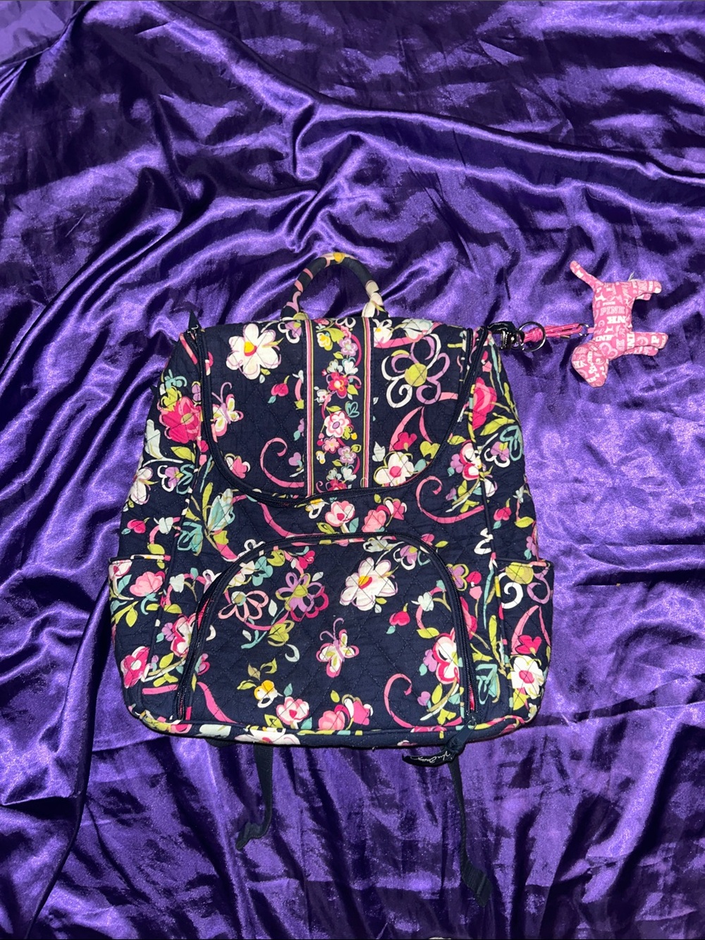 Mini Vera Bradley Backpack with detachable pink dog keychain